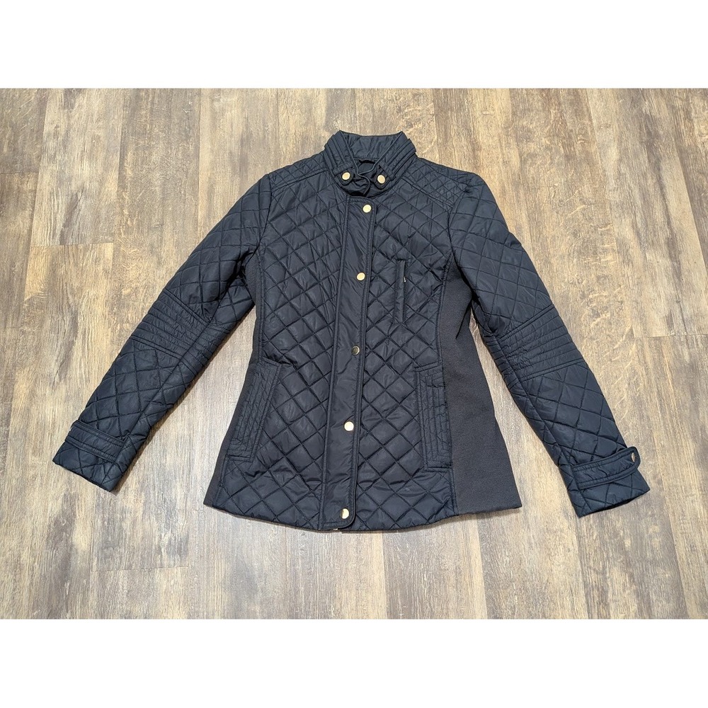Yessica City Black Quilted Moto Jacket Gold Snaps Ribbed Panels Size 38